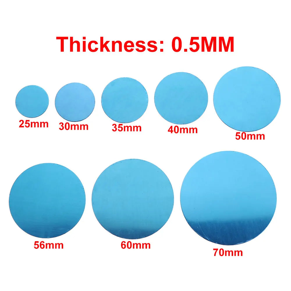 Blue circular discs in various sizes (25mm–70mm) and 0.5mm thickness, isolated on a white background.