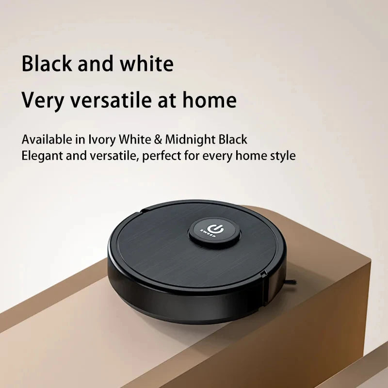 Black robotic vacuum cleaner on a beige shelf, with text about colors.