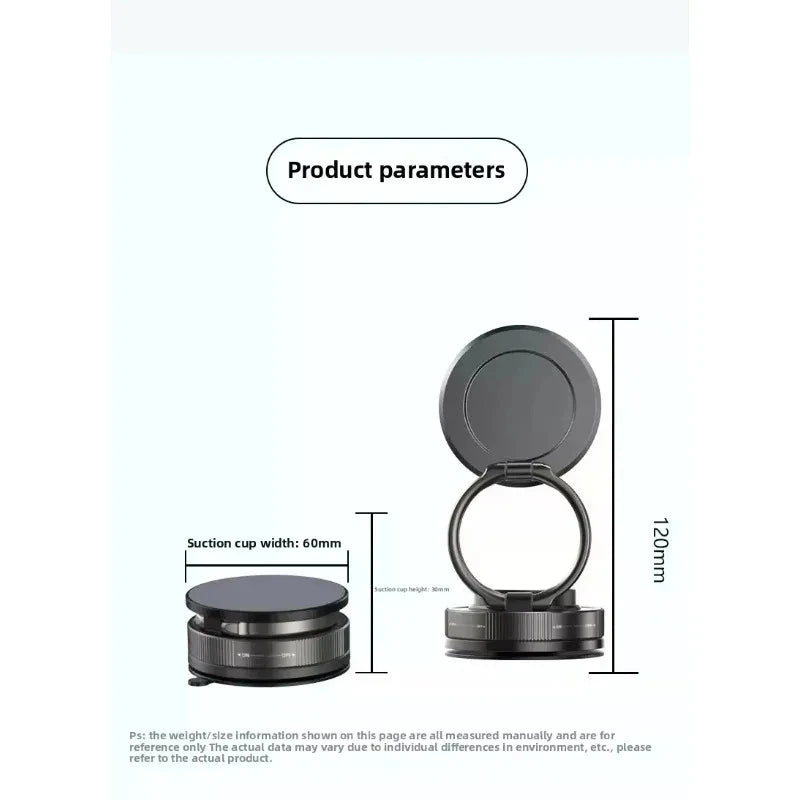 Black circular suction cup phone mount with a foldable ring grip, showing dimensions of 60mm width and 120mm height.