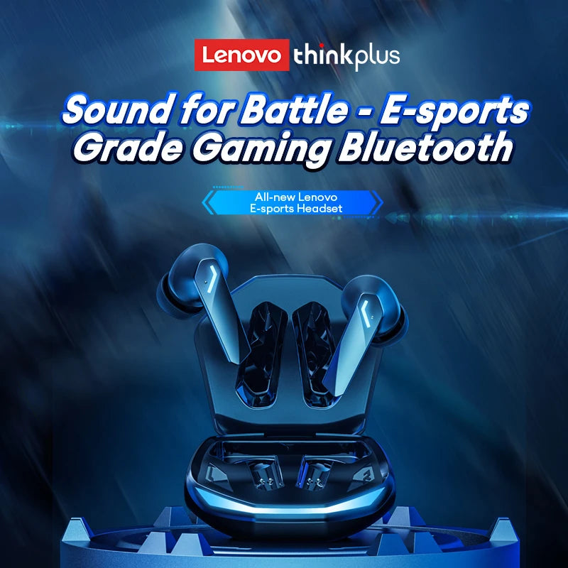 Blue gaming wireless earbuds with a sleek, angular design and metallic finish in an open charging case.
