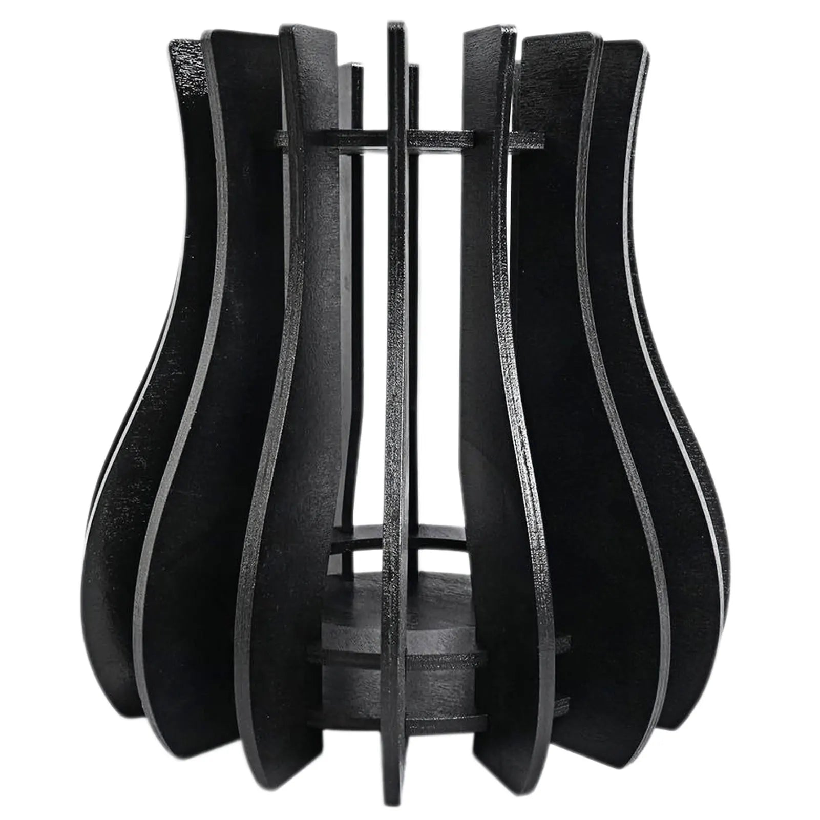 Black wooden vase-style decorative stand with a modern slatted, curved design on a white background.