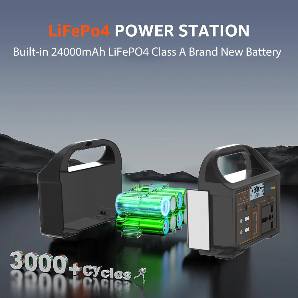 An exploded view of a black power station showing its internal green cylindrical lithium-ion battery pack.