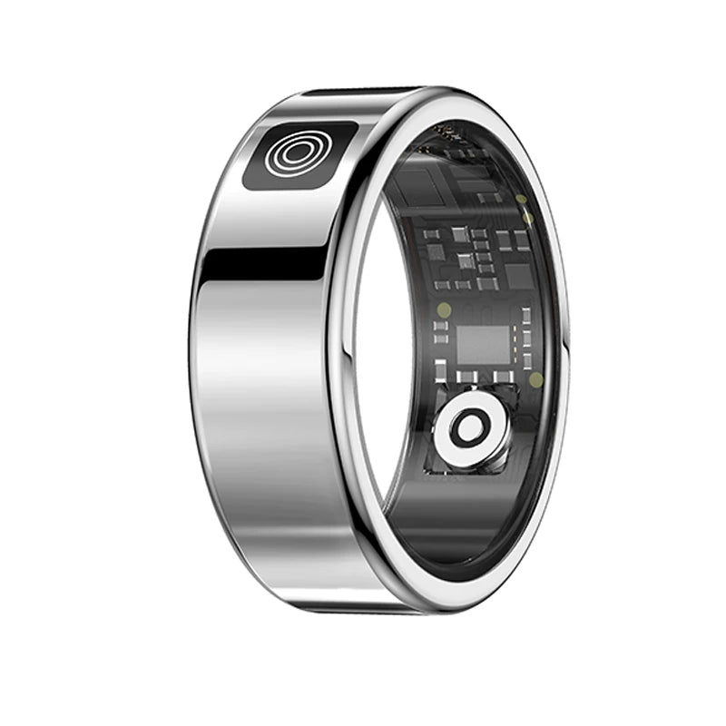 Sleek silver smart health tracker ring with a polished finish and visible internal electronic sensor components.