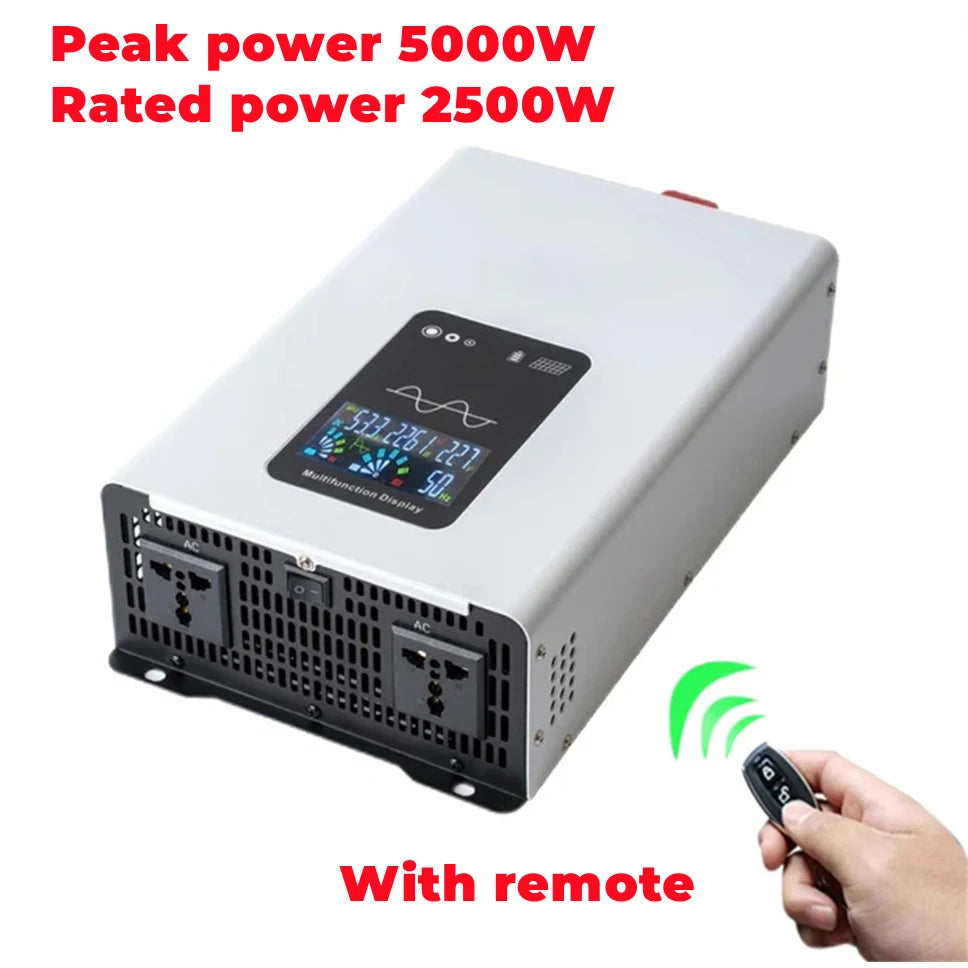 Silver 5000W peak power inverter with digital display, dual AC outlets and handheld remote control.