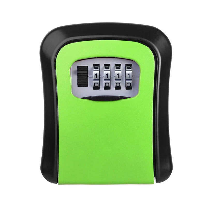 Green and black metal wall-mounted key lock box with a four-digit combination dial.