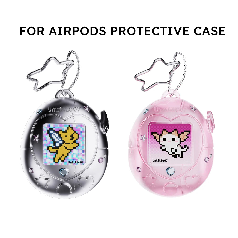 Tamagotchi-style silver and pink plastic protective cases for AirPods with star keychains and pixel art display.