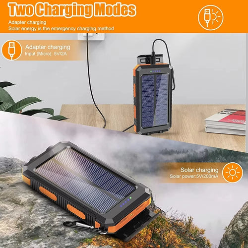 Rugged black and orange solar power bank with LED light, shown charging via wall adapter and solar power.