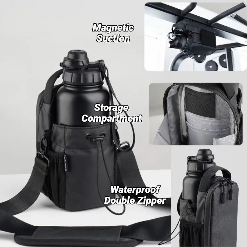 Matte black water bottle with an integrated storage carry bag featuring magnetic, zip, and drawstring pockets.