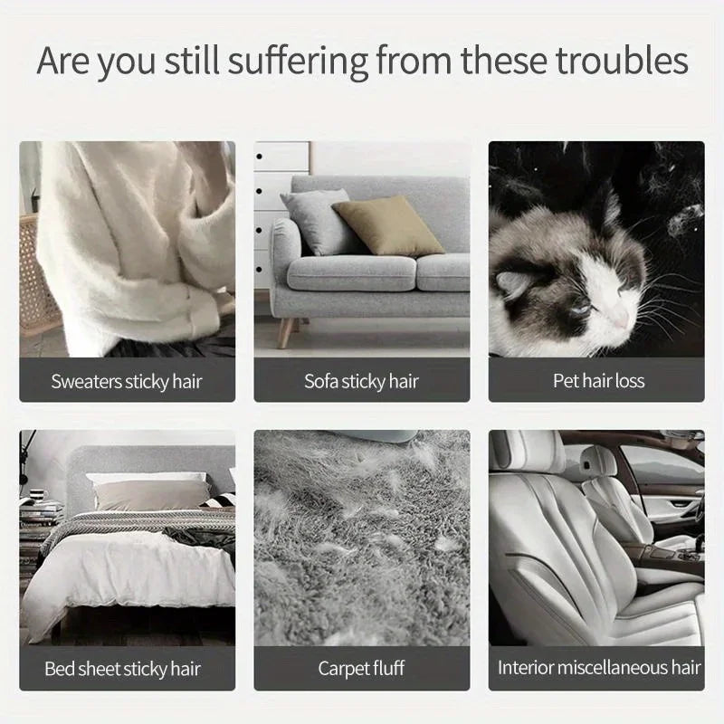 A six-panel collage showing examples of hair and lint on clothing, furniture, bedding, carpets, and car seats.