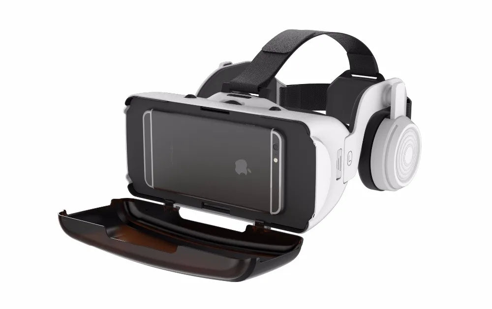 White VR headset for smartphones with an open front compartment, adjustable black head straps, and integrated headphones.