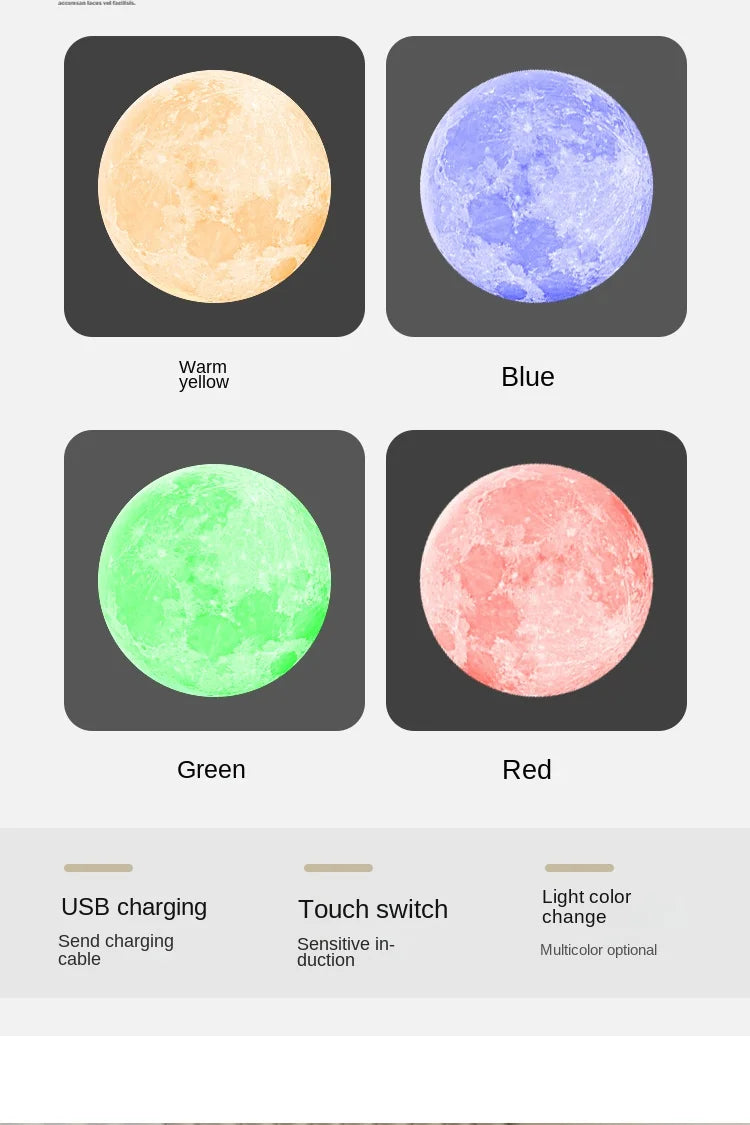 Four round moon-shaped lights in warm yellow, blue, green, and red. Features USB charging and touch-switch control.