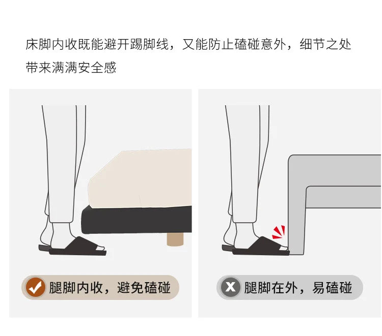 Diagram showing a modern bed frame with recessed legs to prevent stubbing toes, compared to a standard protruding design.