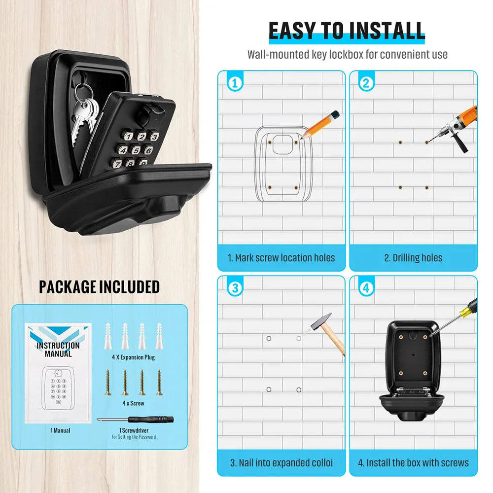 Black metal wall-mounted key lockbox with a combination keypad and included installation hardware and instructions.