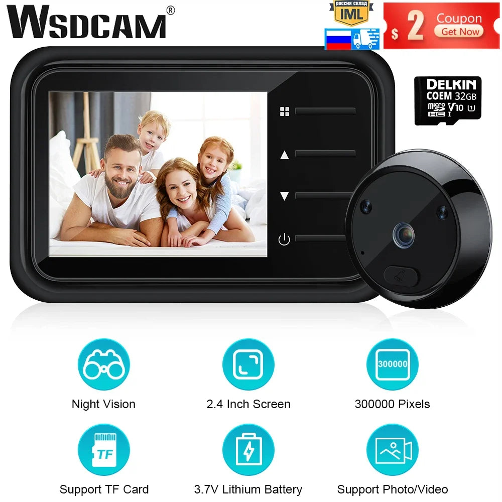 Black 2.4-inch digital door peephole camera with integrated screen, night vision, and photo/video recording features.
