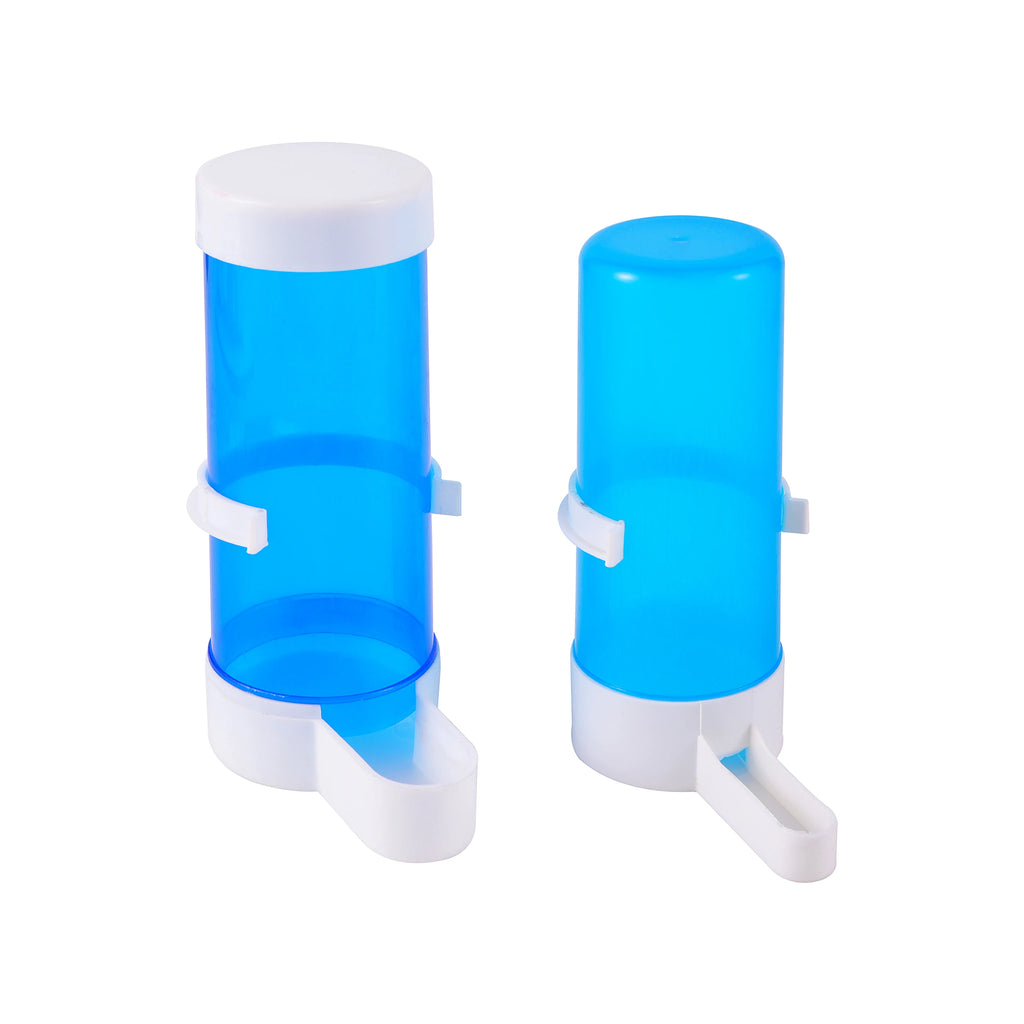 Two blue transparent plastic bird water dispensers with white lids and trays, isolated on a white background.