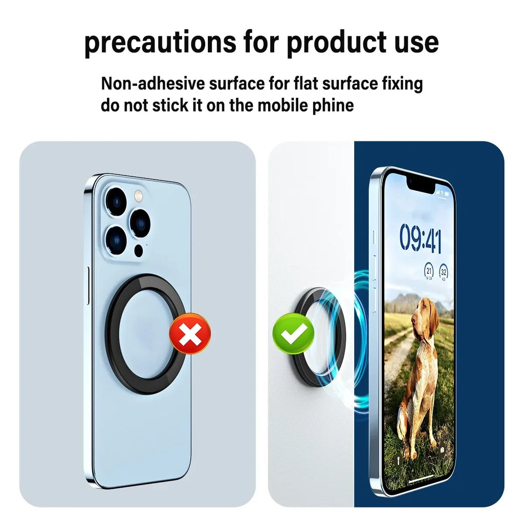 A black magnetic ring mount shown with a red X on a phone and a green checkmark on a wall surface.