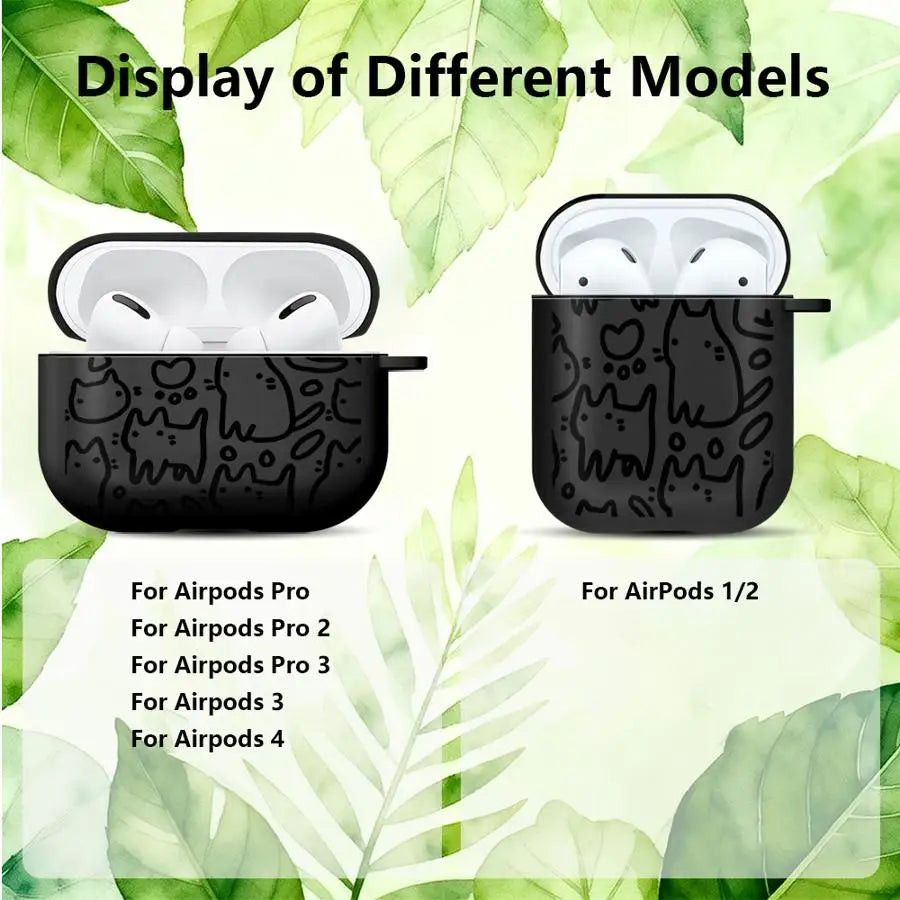 Black silicone AirPods case with cute cat doodle print, compatible with AirPods 1/2, 3, 4, and Pro 1/2/3.