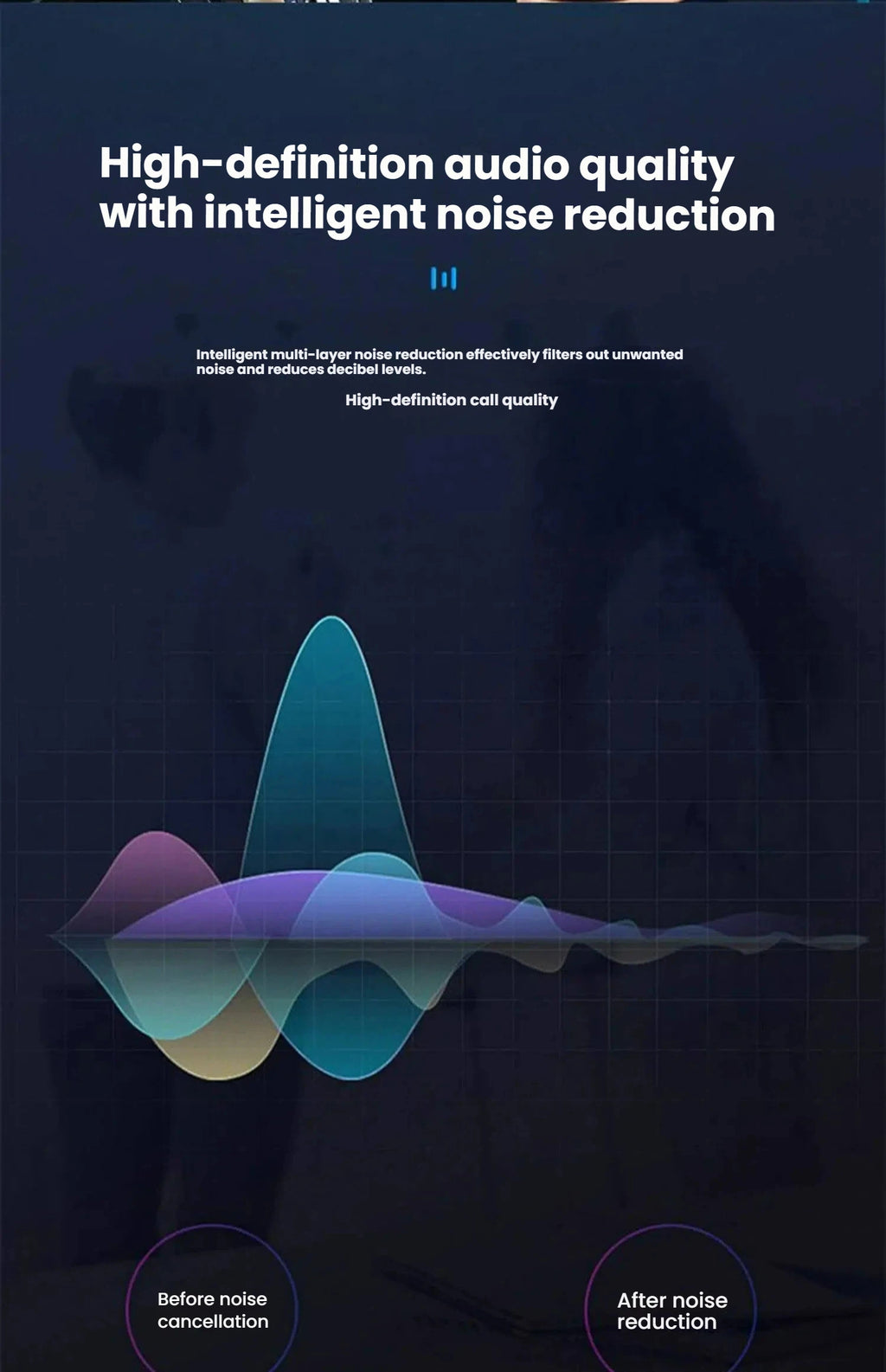 Infographic showing a blue and purple sound wave graph illustrating intelligent noise reduction for audio clarity.