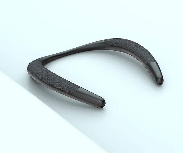 Sleek black wireless neckband speaker with a textured fabric finish, designed for comfortable wearable audio.