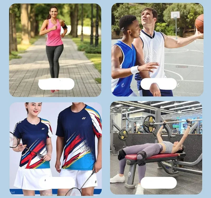 Collage showing people in sportswear: jogging, playing basketball, badminton, and weightlifting at the gym.