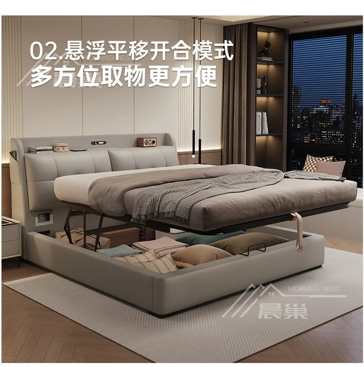 Modern cream upholstered storage bed with a lift-up frame for under-bed storage and a headboard shelf.