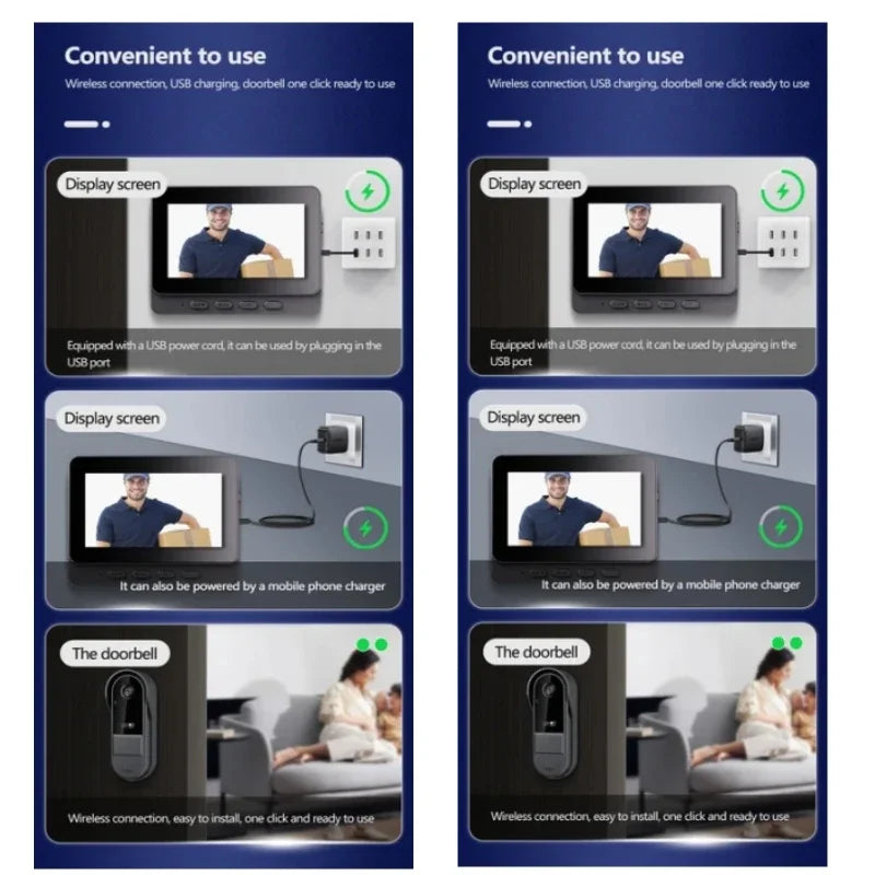 Wireless video doorbell with 4.3-inch screen, USB charging, night vision, and easy setup. Modern black design.