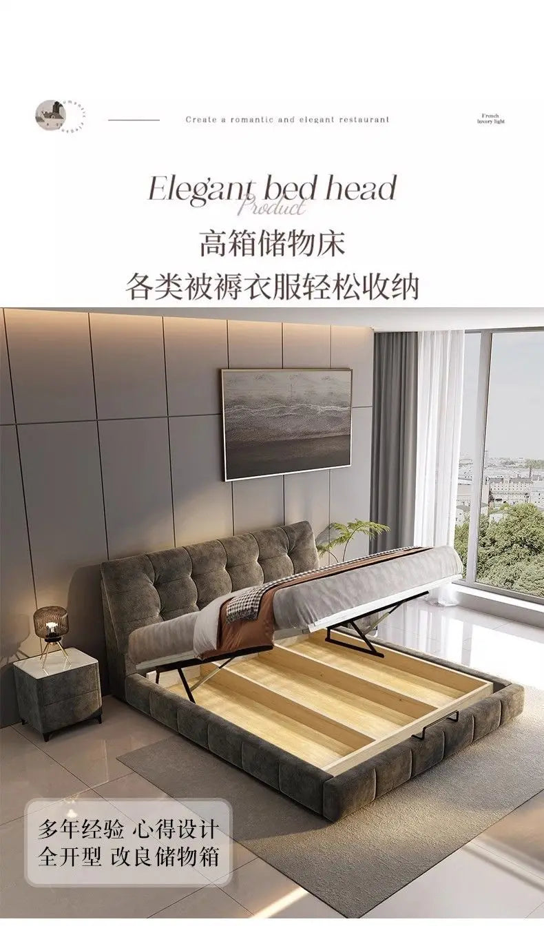 Modern minimalist grey velvet ottoman bed frame with a tufted headboard and hidden under-bed storage lift mechanism.