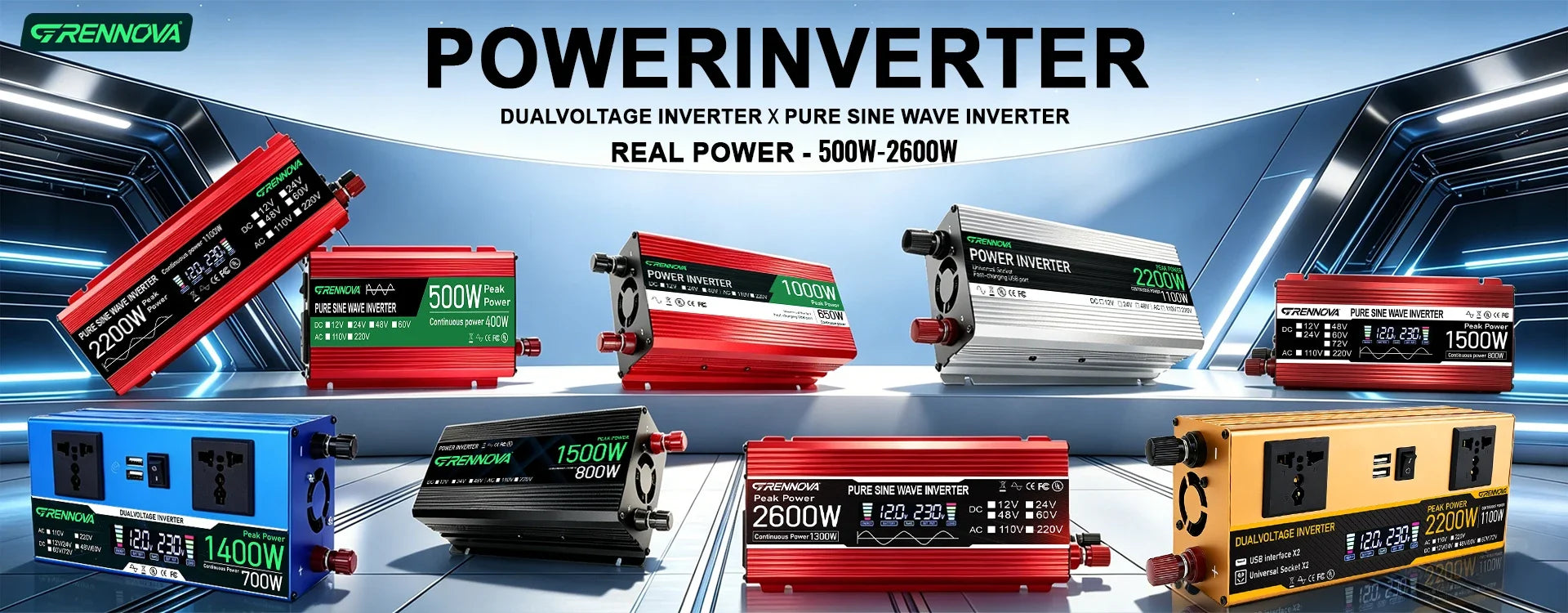 A collection of multi-coloured rectangular pure sine wave power inverters with digital displays and various ports.