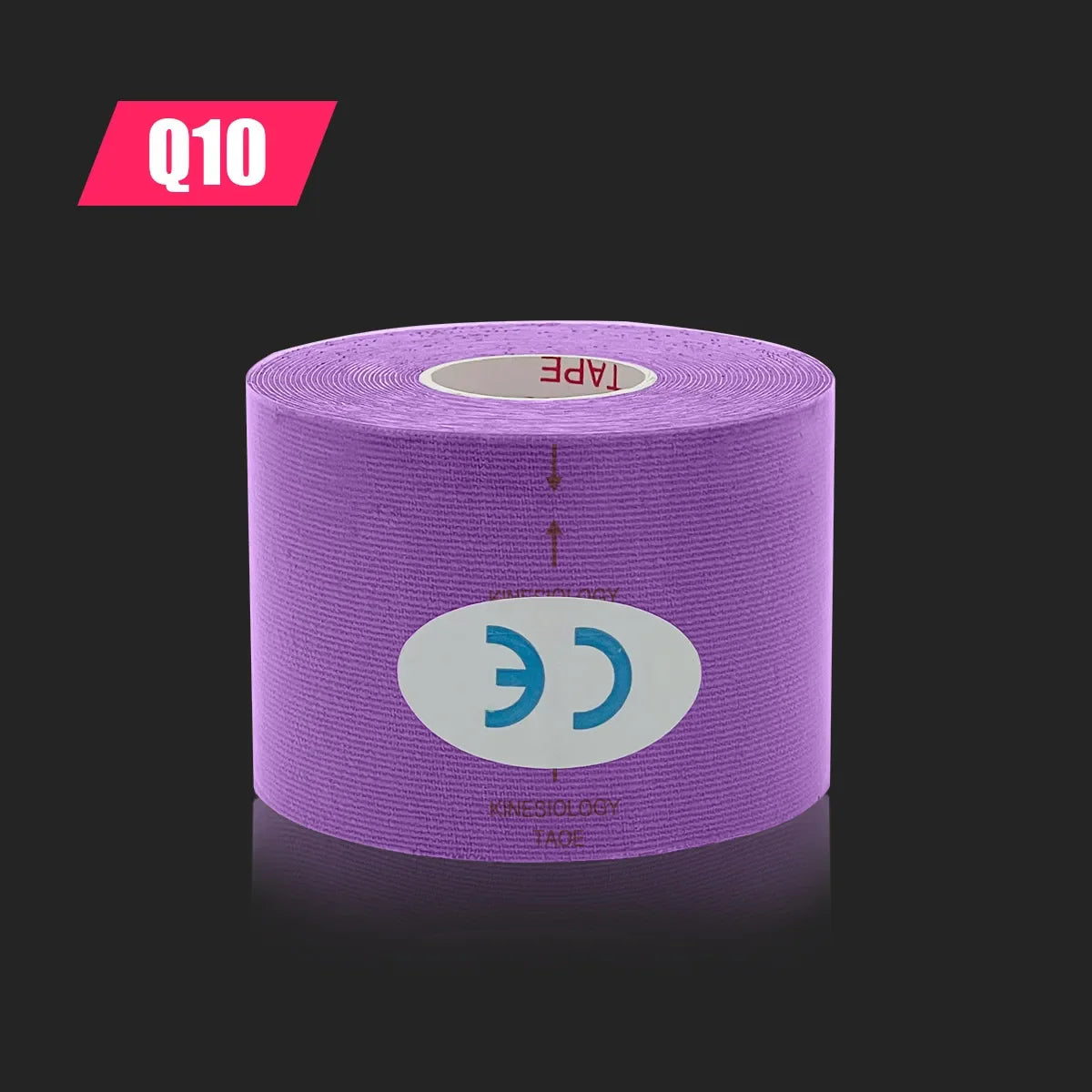 A roll of purple kinesiology tape with a central CE-marked white oval label against a dark background.