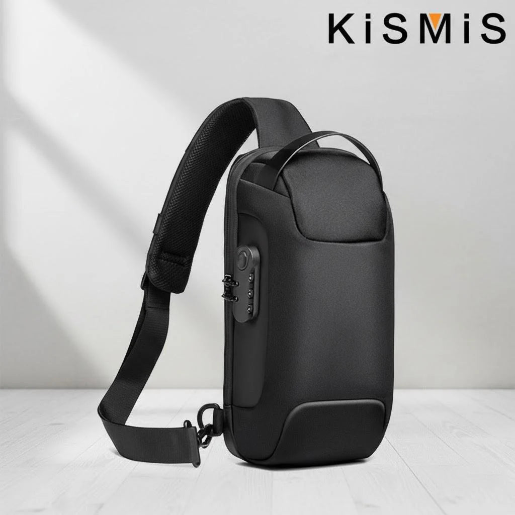 Black waterproof anti-theft crossbody bag with a combination lock and integrated USB charging port.