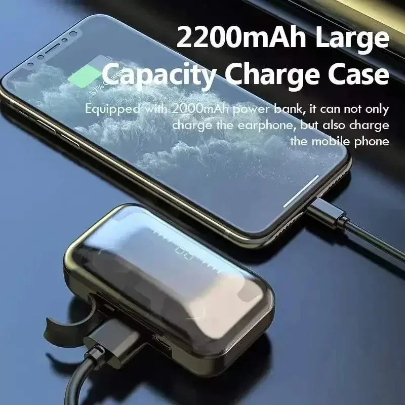 Black glossy charging case with a digital display, connected by cable to charge a smartphone on a dark surface.