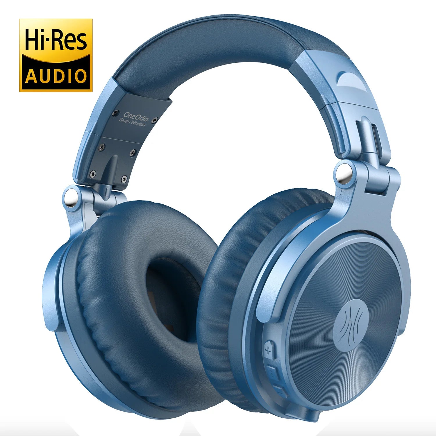 Blue over-ear wireless Bluetooth headphones with plush padded earcups and a Hi-Res Audio logo.