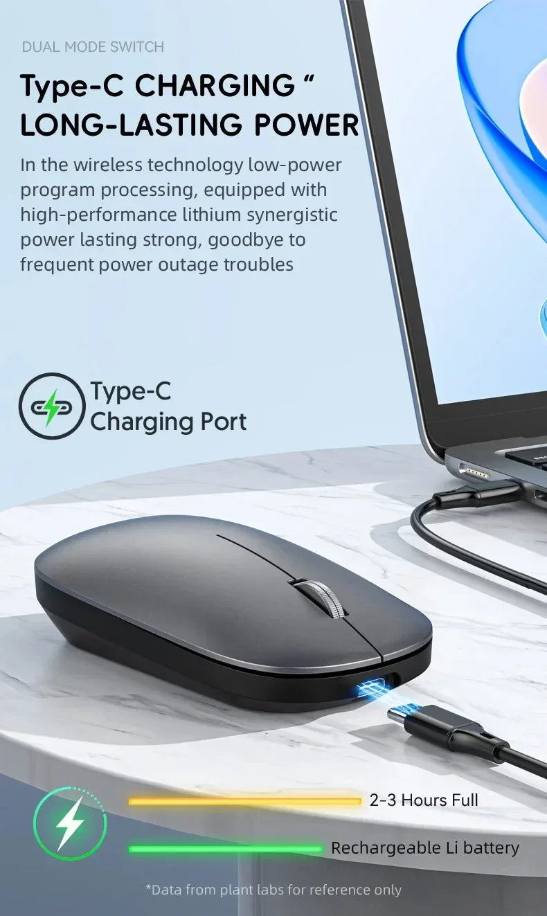 A sleek, dark grey wireless ergonomic mouse with a Type-C charging port shown on a white marble surface.