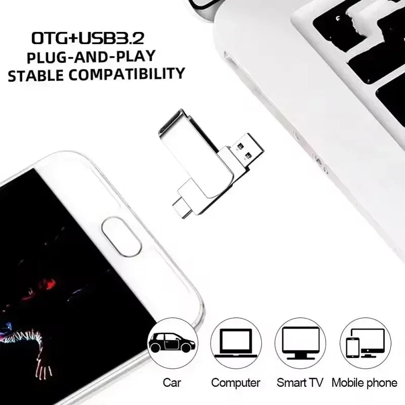 Silver 2-in-1 USB-C and USB-A flash drive for phones, computers, cars, and TVs. Plug-and-play high-speed storage.