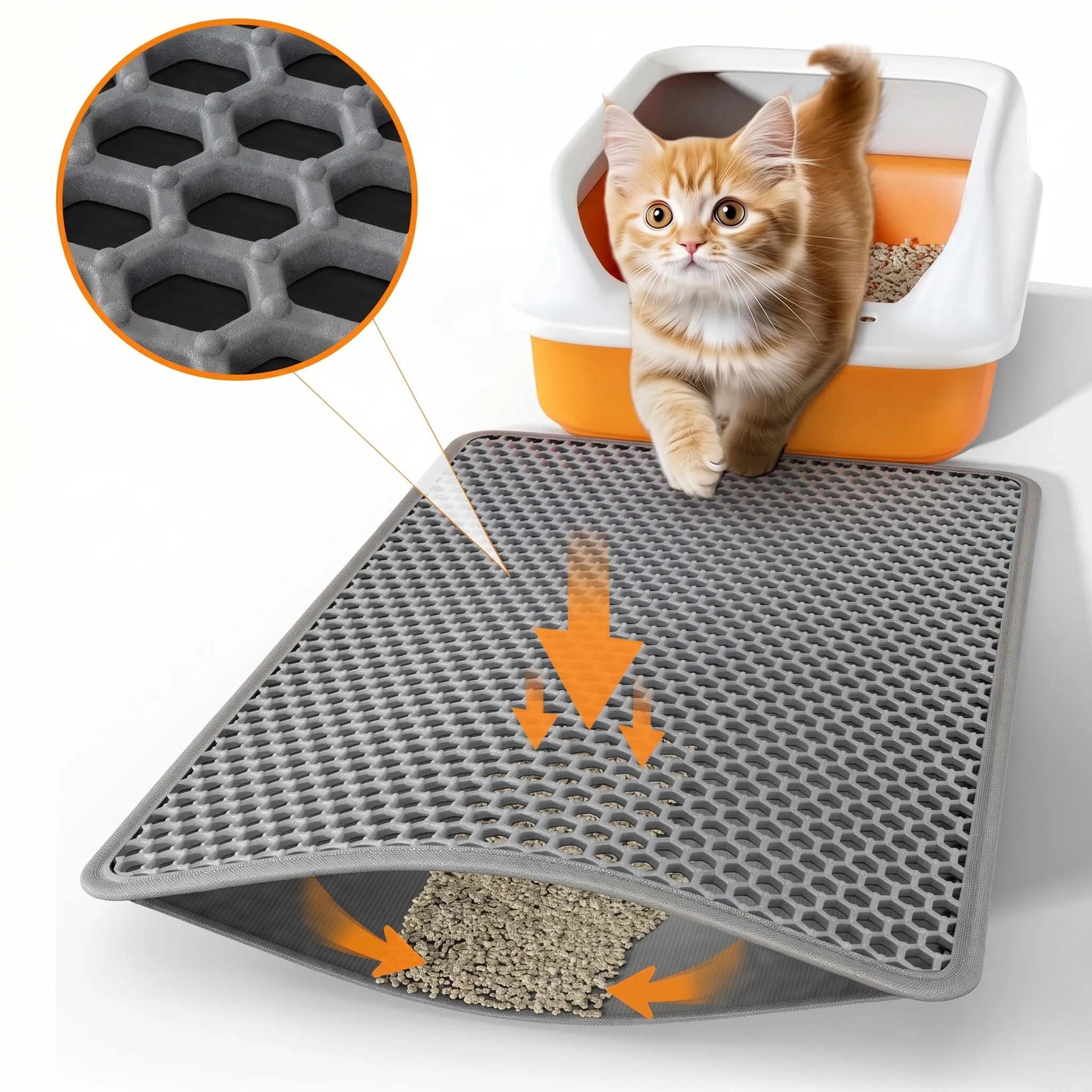 Grey double-layer honeycomb cat litter mat trapping stray litter, shown with a kitten exiting a litter tray.