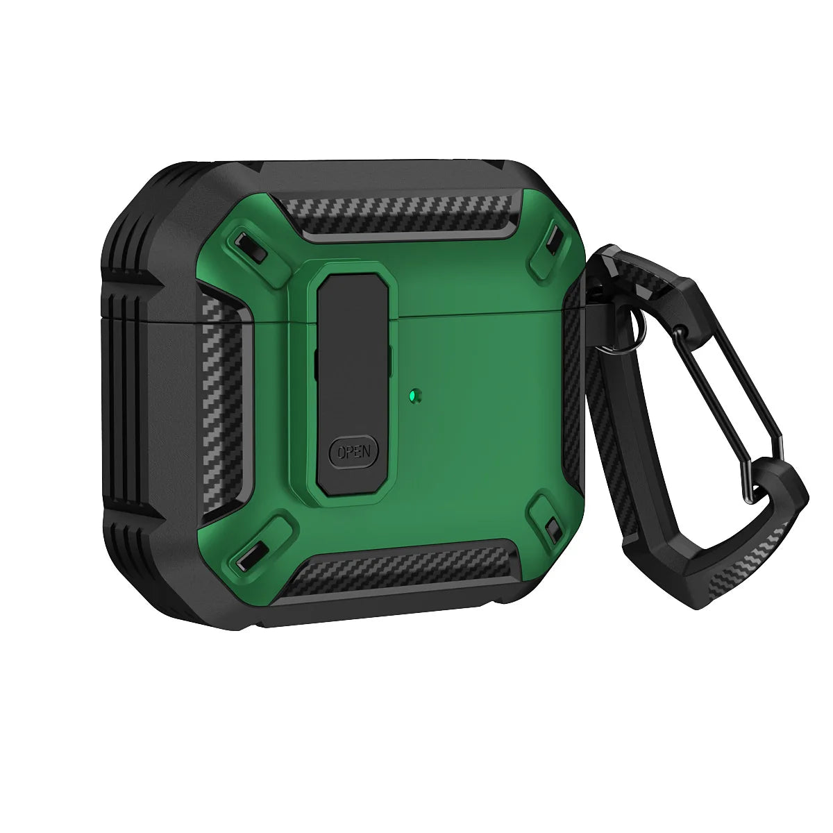 Rugged green and black carbon fibre-style AirPods case with locking latch and carabiner clip.