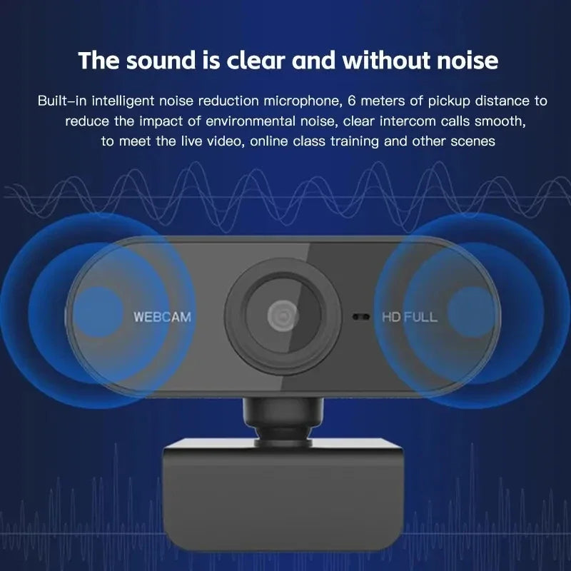 Black 1080P HD USB webcam with built-in noise-cancelling microphone, mounted on an adjustable stand.
