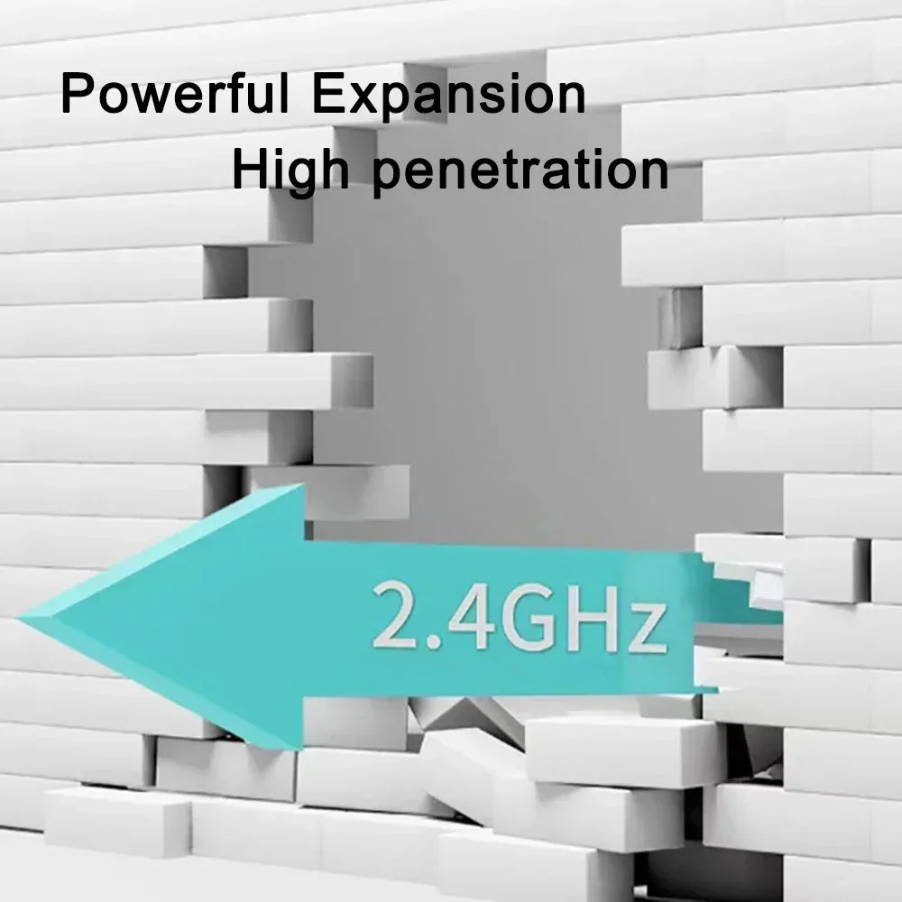 A teal arrow labelled 2.4GHz passing through a white brick wall to represent high-penetration WiFi signal expansion.