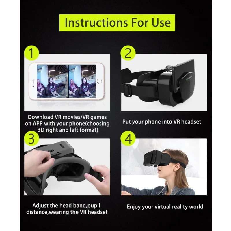 Four-step visual guide on using a black smartphone VR headset, showing phone insertion and adjustable straps.