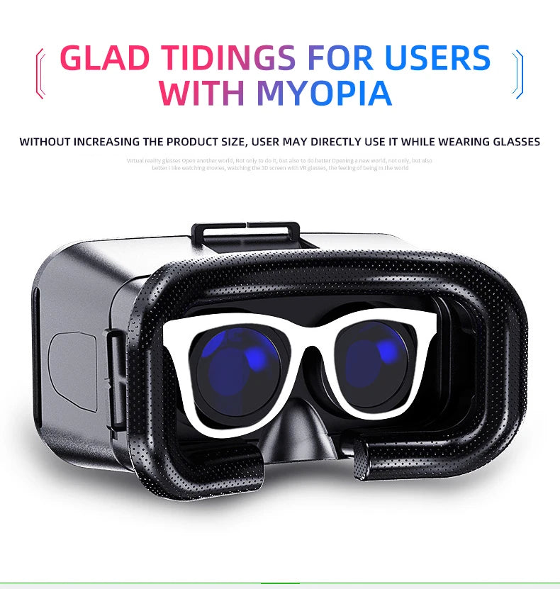 Black VR headset with a textured face cushion, designed to accommodate a pair of white-framed prescription glasses.