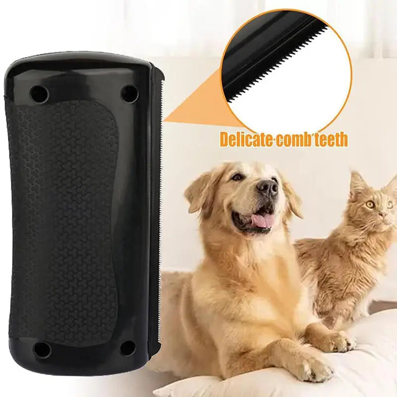 Black pet grooming brush with fine teeth, shown next to a golden retriever and a cat.
