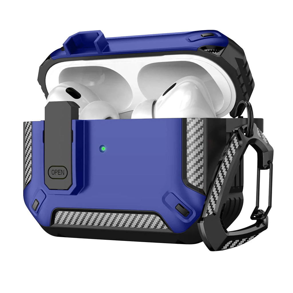 Rugged blue and black carbon-fibre style protective case for AirPods Pro, featuring a secure locking latch and carabiner.