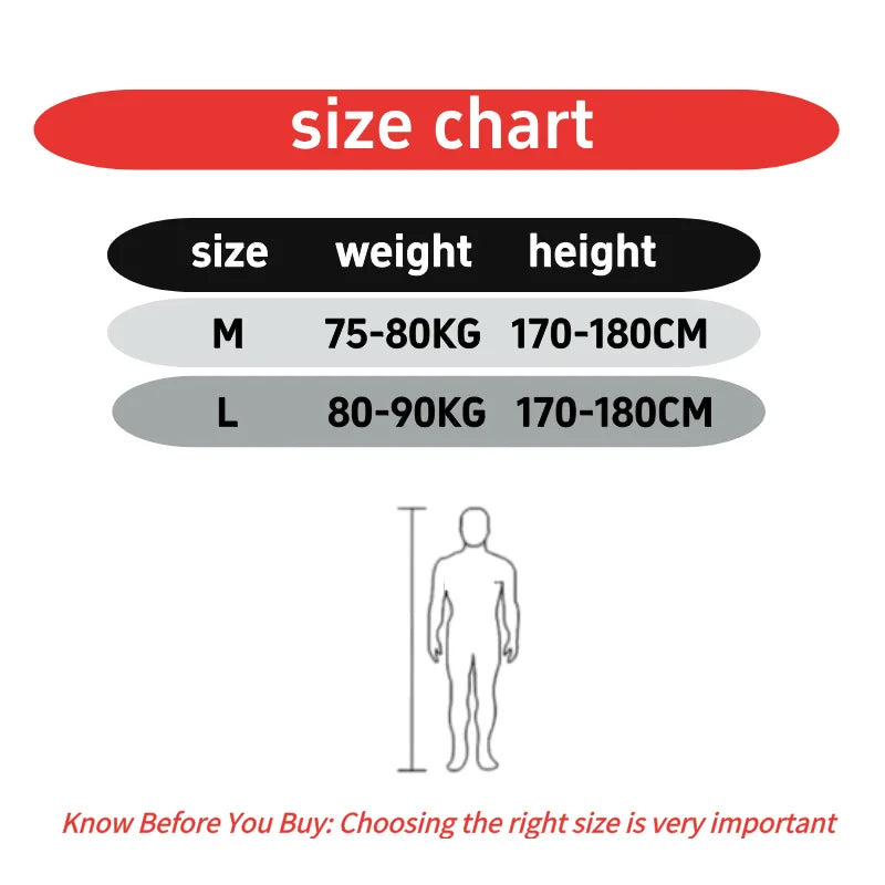 Size chart with white text on black and gray backgrounds showing medium and large sizes for specific height and weight.