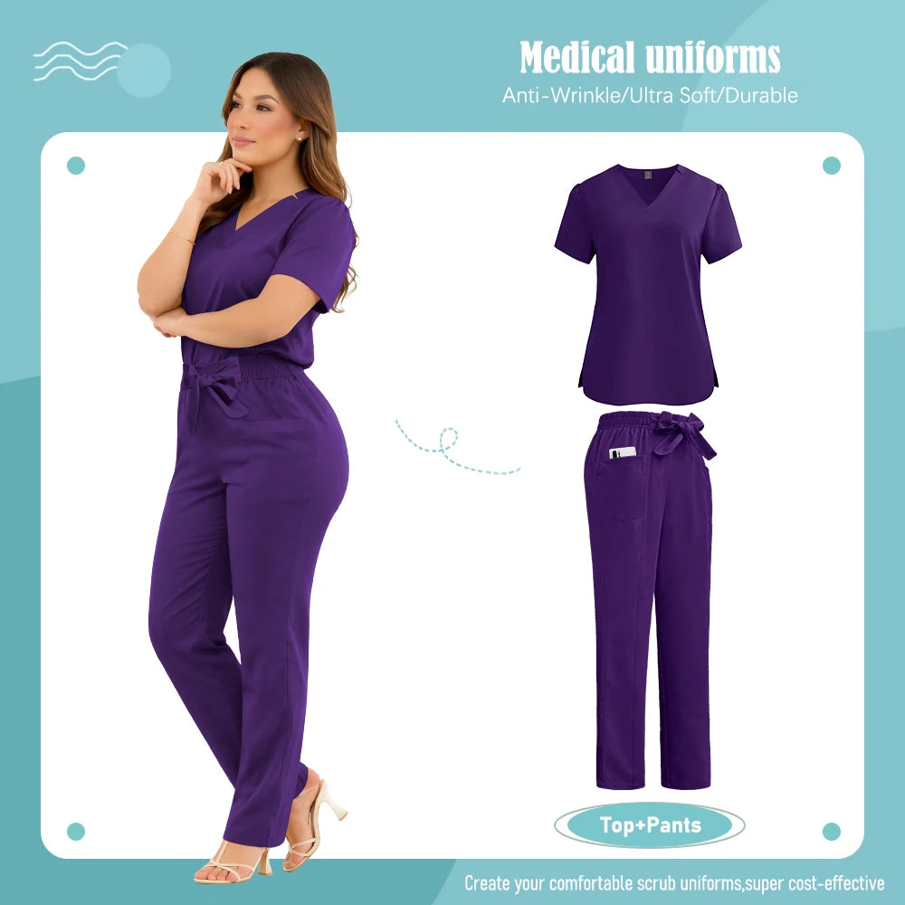 Deep purple medical scrub set with a V-neck top and drawstring trousers featuring side pockets on a model.