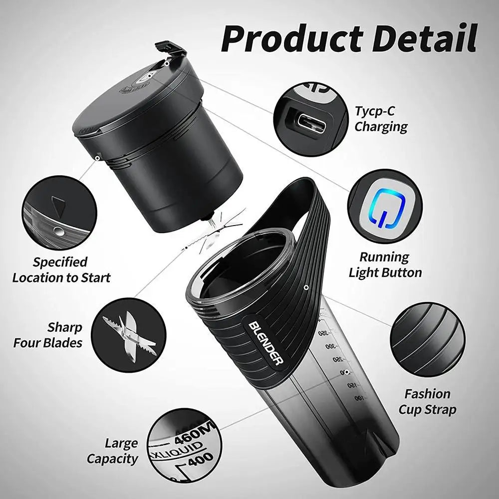 Black portable blender with USB-C charging, 4 blades, a carrying strap, and an illuminated power button.