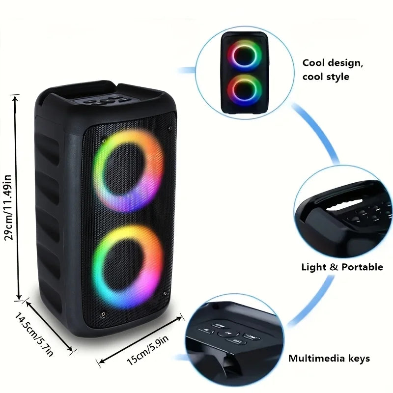 Portable black wireless speaker with multicoloured LED light rings, integrated control buttons, and compact dimensions.