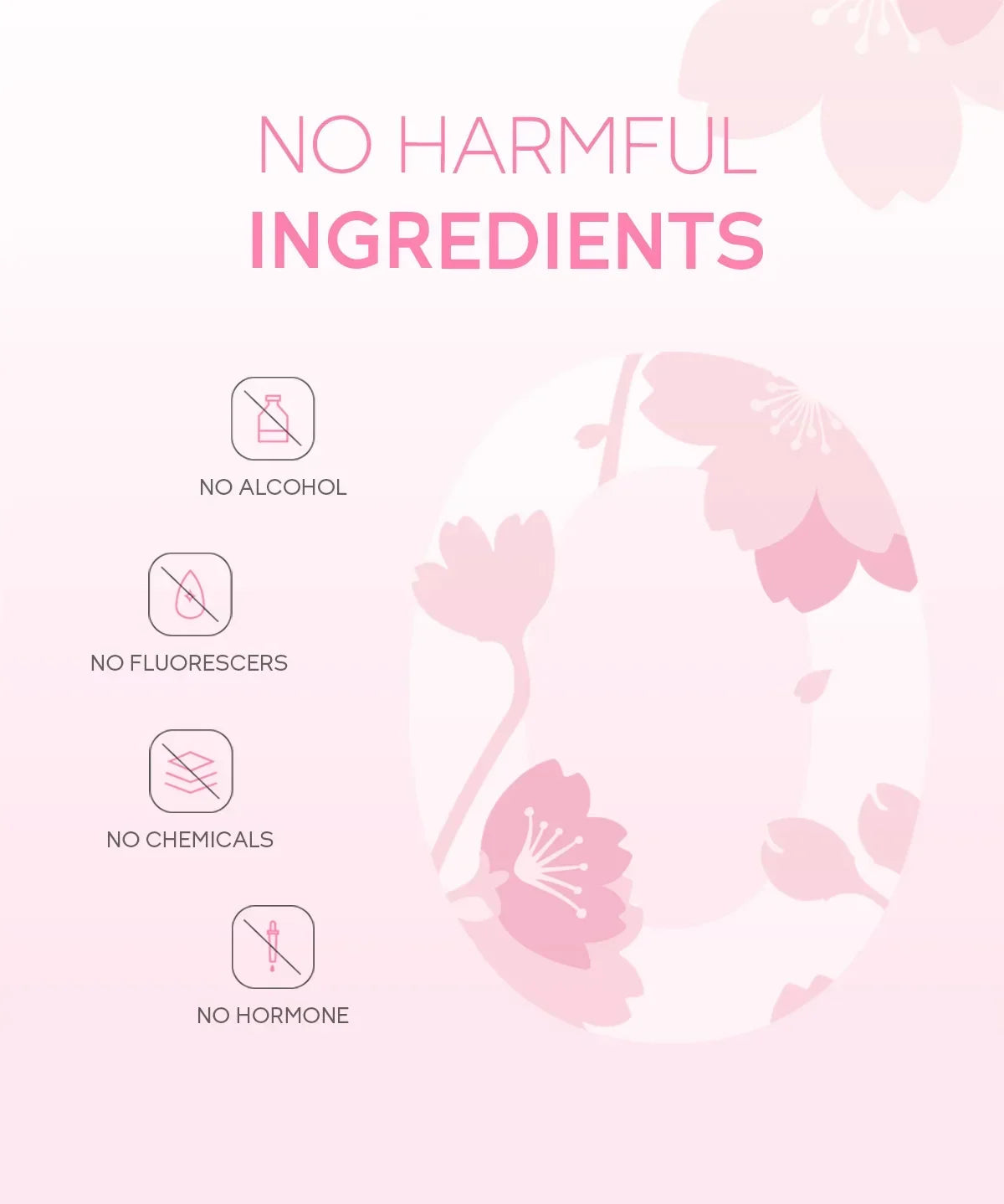 Infographic on a pale pink background with cherry blossoms, stating the product has no alcohol, fluorescers, or hormones.