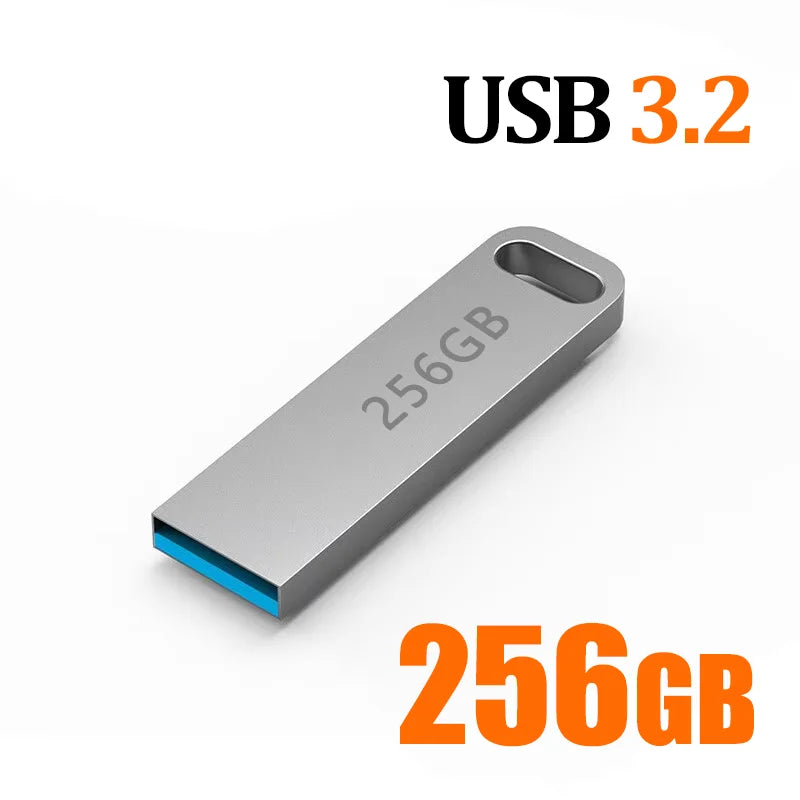 Sleek, silver metal USB 3.2 flash drive with a built-in keyring loop and blue internal connector.