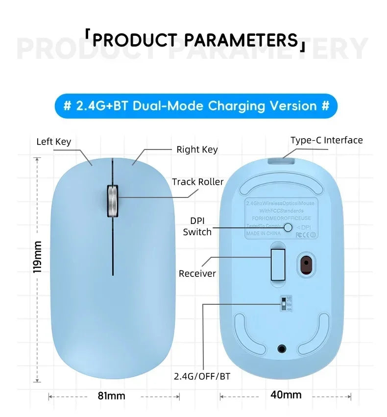 Light blue, slim wireless dual-mode mouse showing top and bottom views with labelled buttons and USB-C charging port.