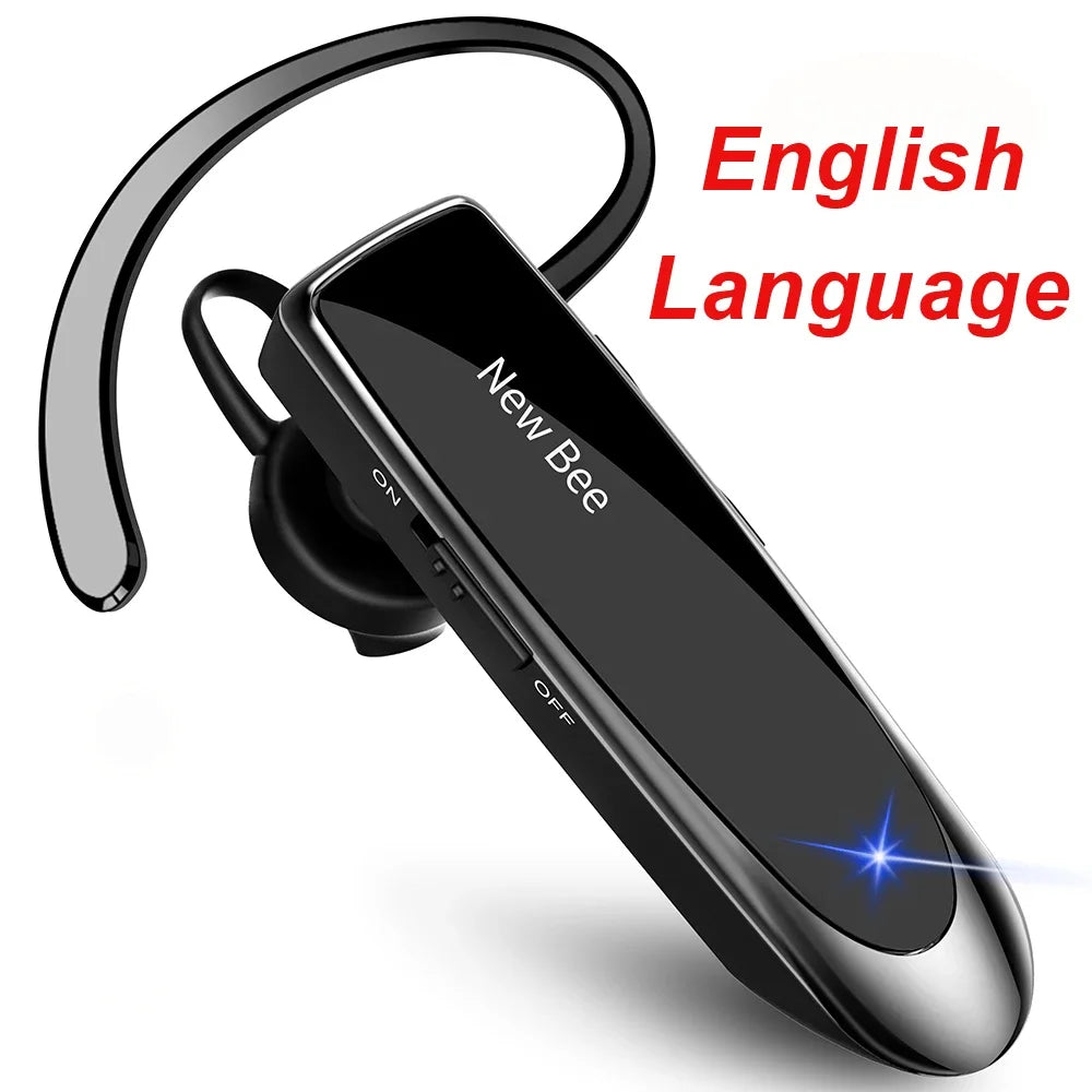 Sleek black wireless Bluetooth hands-free earpiece with an over-ear hook, microphone and power switch.